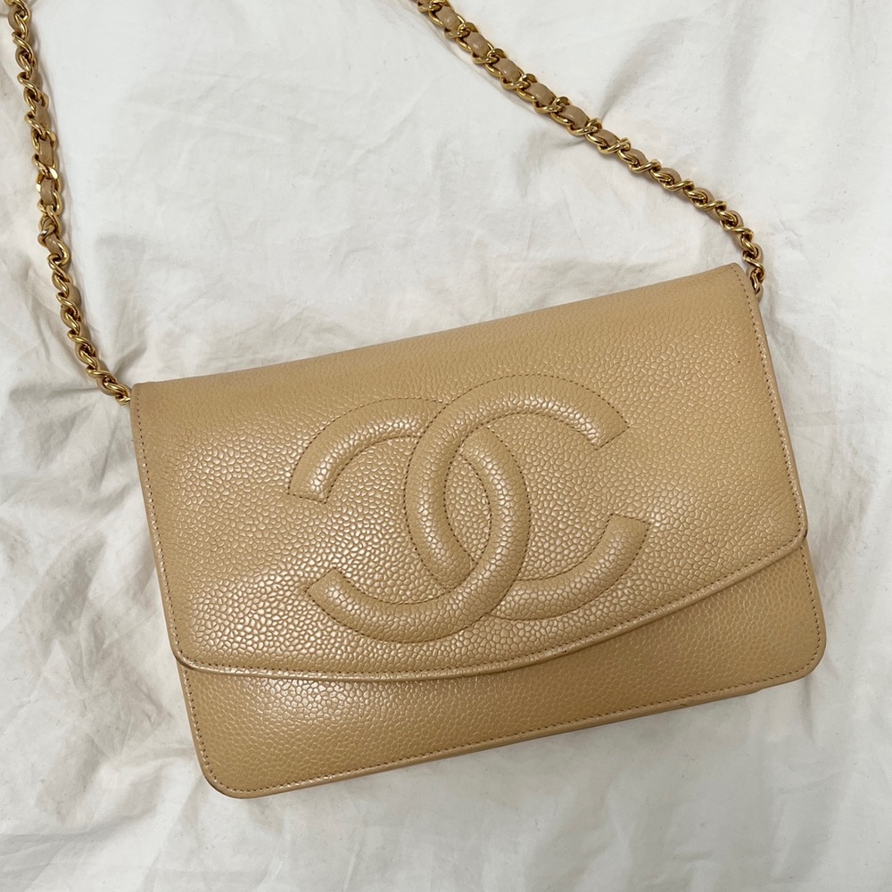 Chanel Beige Caviar Timeless CC Wallet on Chain WOC